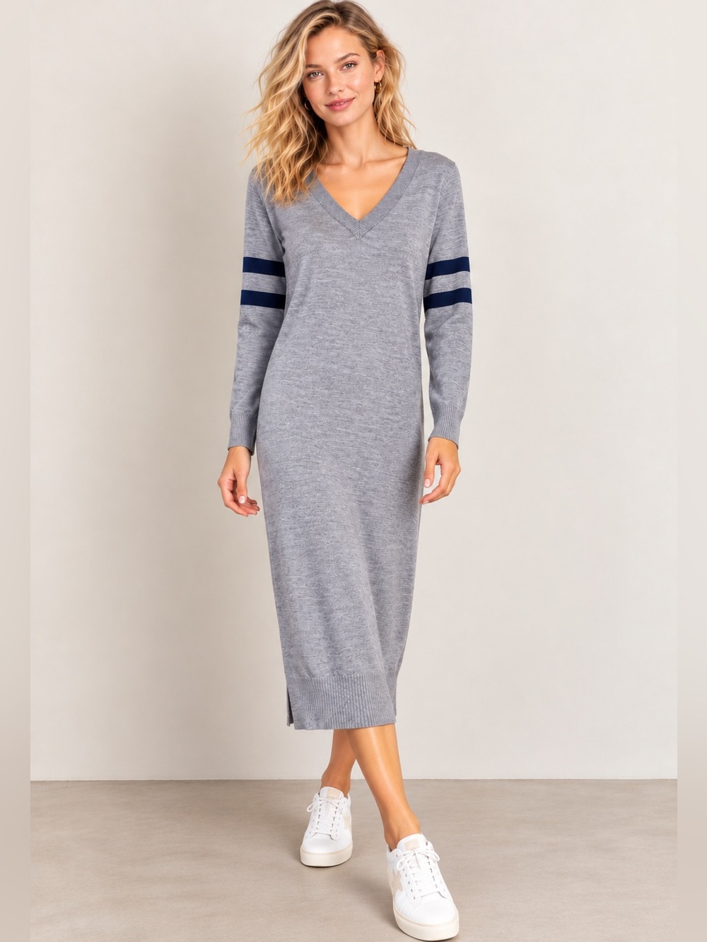 T Alexander Wang V Neck Long Sleeve Knit Dress in Heather Grey Size S